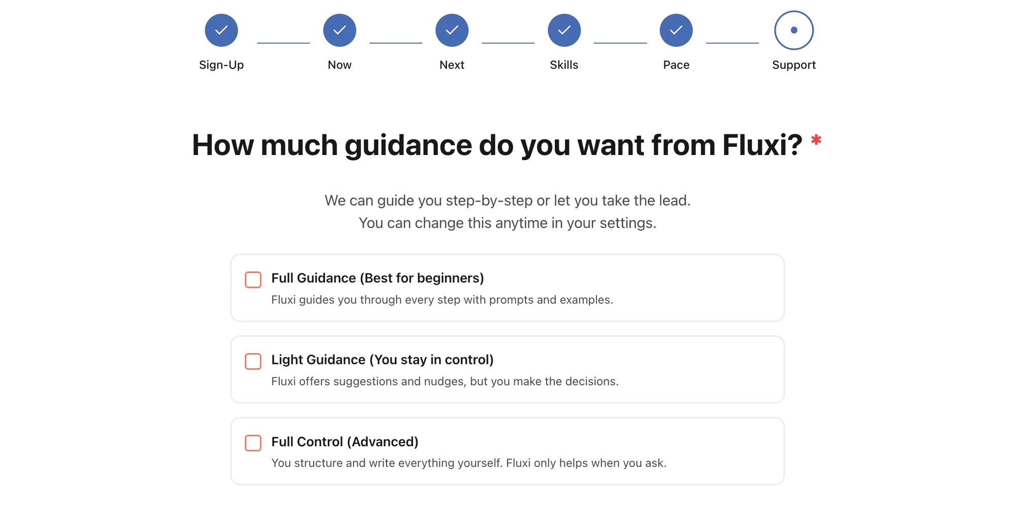 Adaptive guidance — choosing how much help you want from Fluxi: full guidance, light guidance, or full control