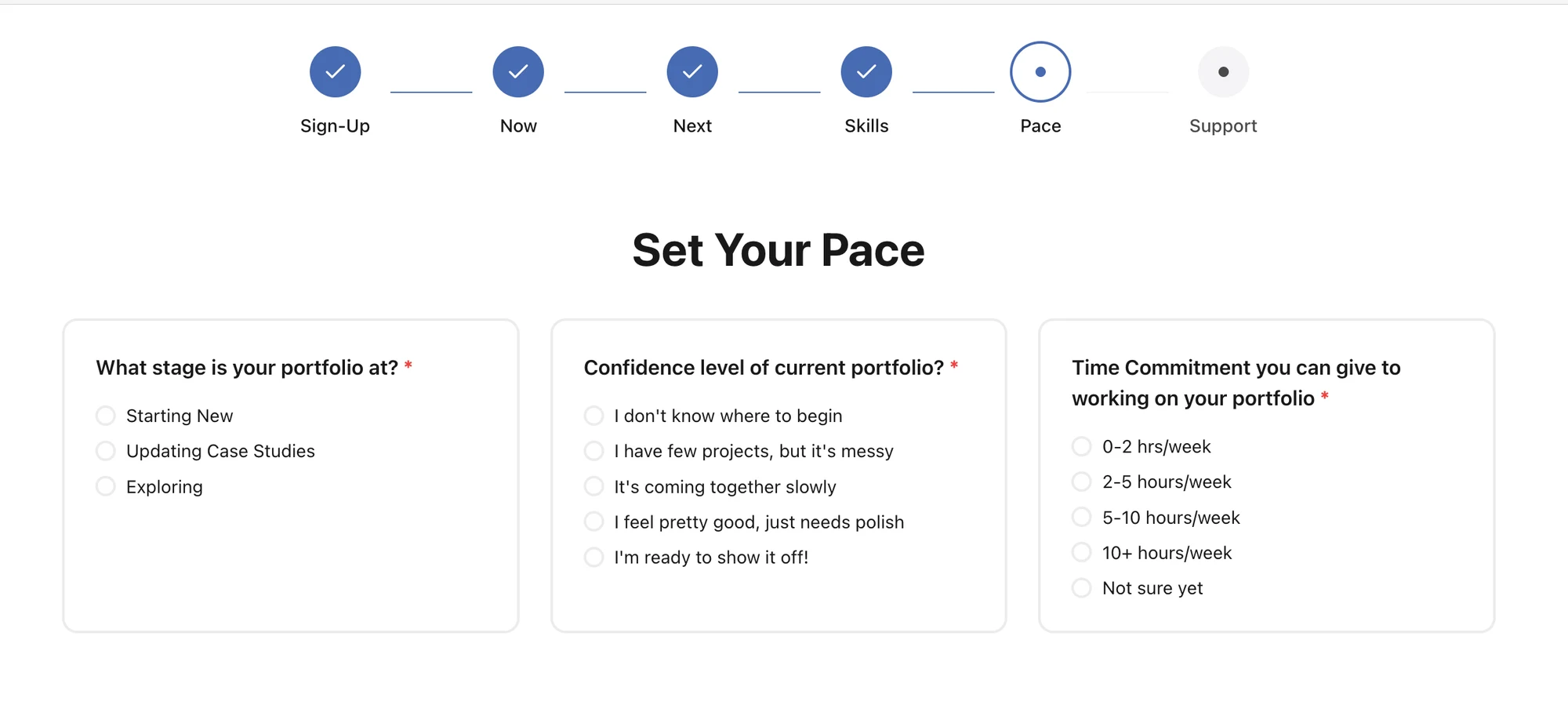 Guided intake — a multi-step onboarding that asks about portfolio stage, confidence, and time before Fluxi tailors its guidance