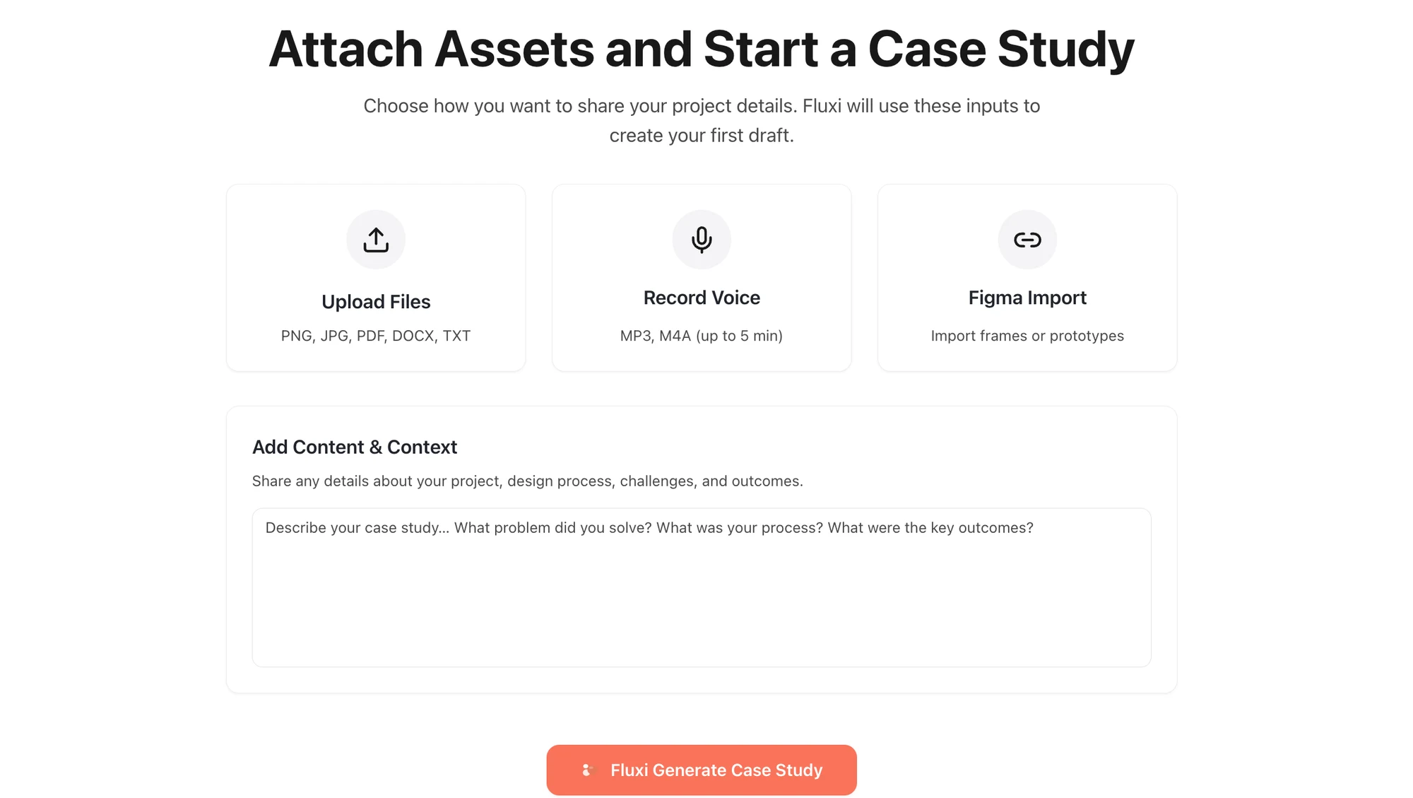 Importing into Fluxi — bringing in notes, files, and voice memos to start a case study