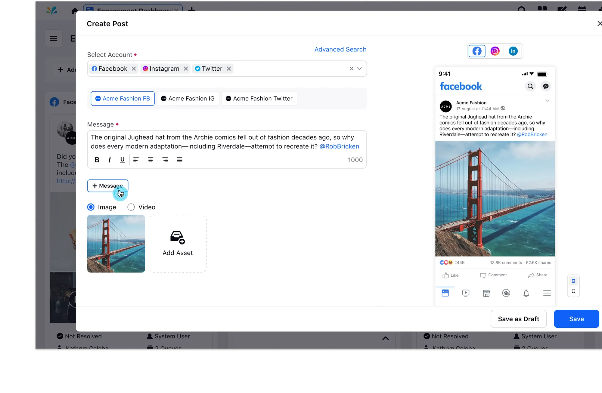 Admin Create Post — multiple caption options per channel with a live preview