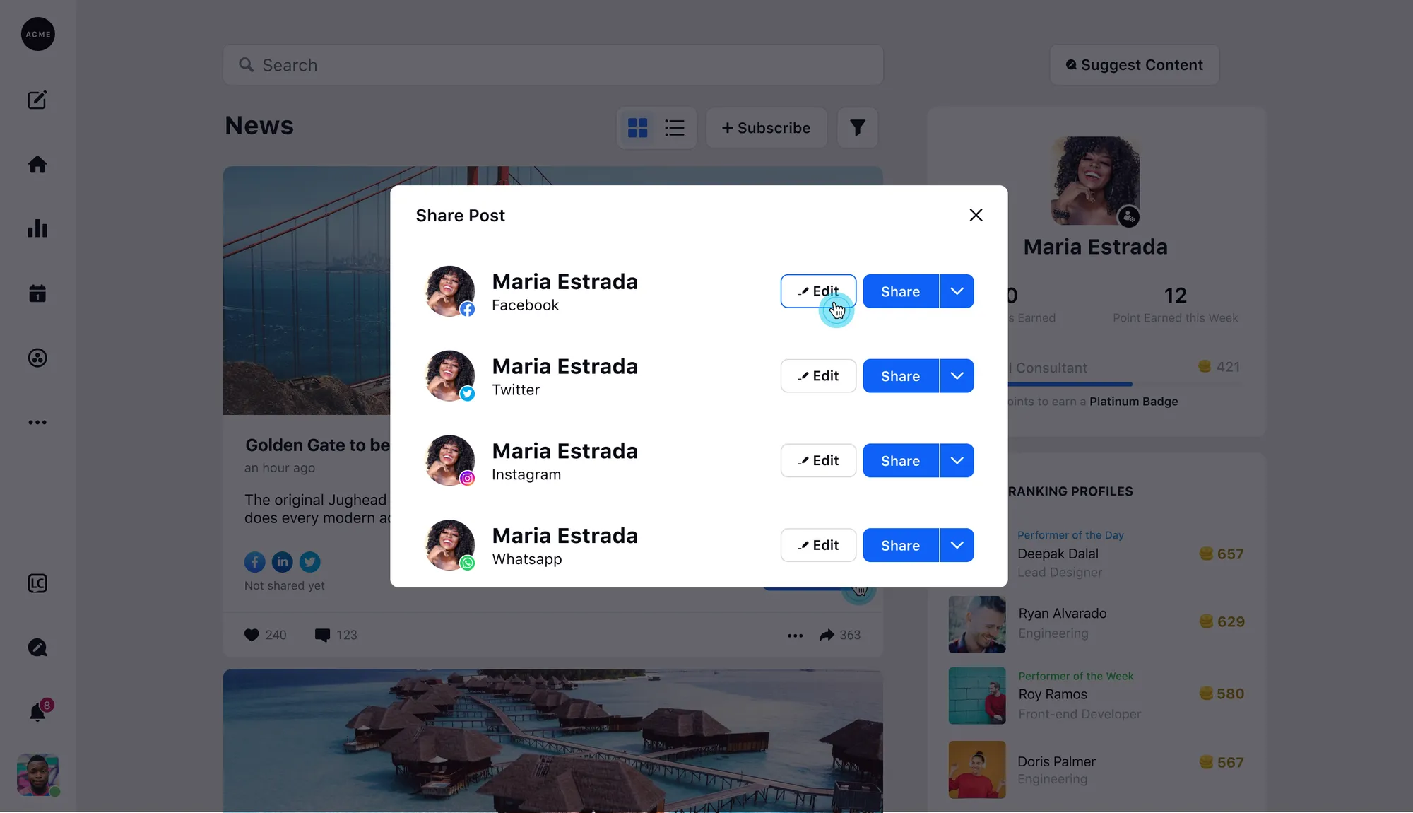 Advocate Share Post — each connected channel (Facebook, Twitter, Instagram, WhatsApp) shown as its own row with inline Edit and Share