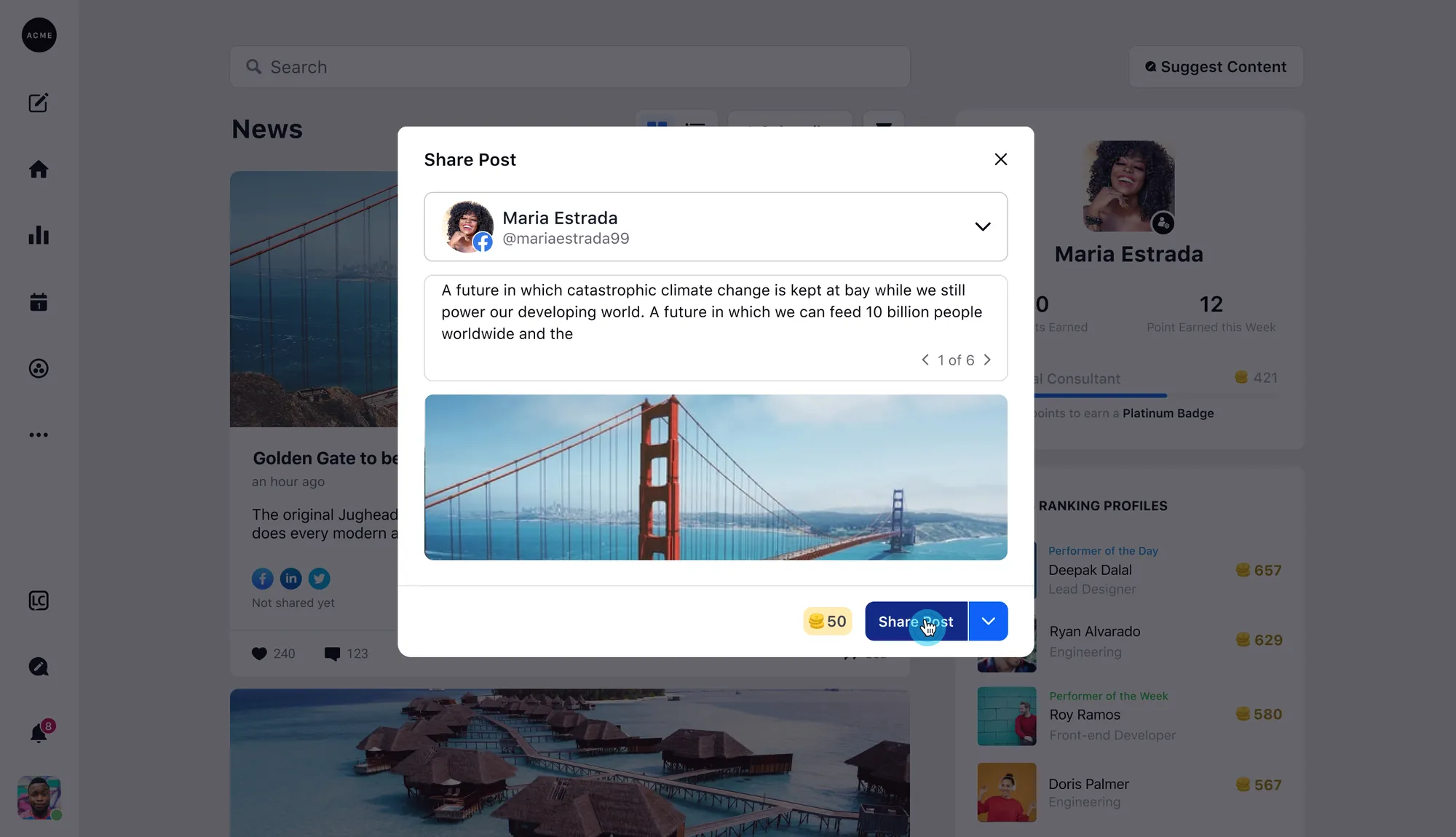 Advocate share modal on the Sprinklr advocacy feed — browsing caption 1 of 6 with a coin reward before sharing