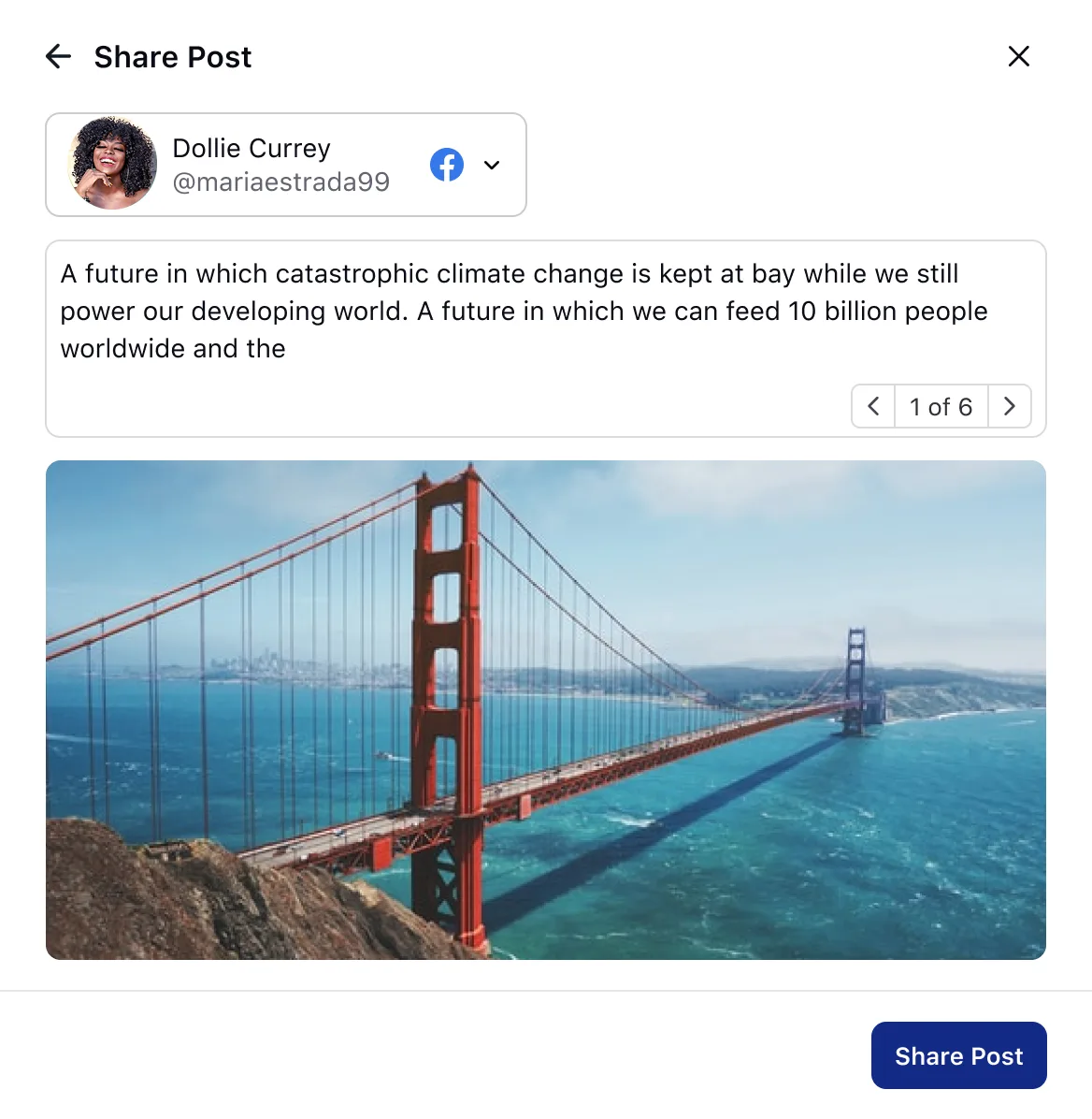 Round 1 of the share modal — a clean carousel to browse captions, with no way to edit them