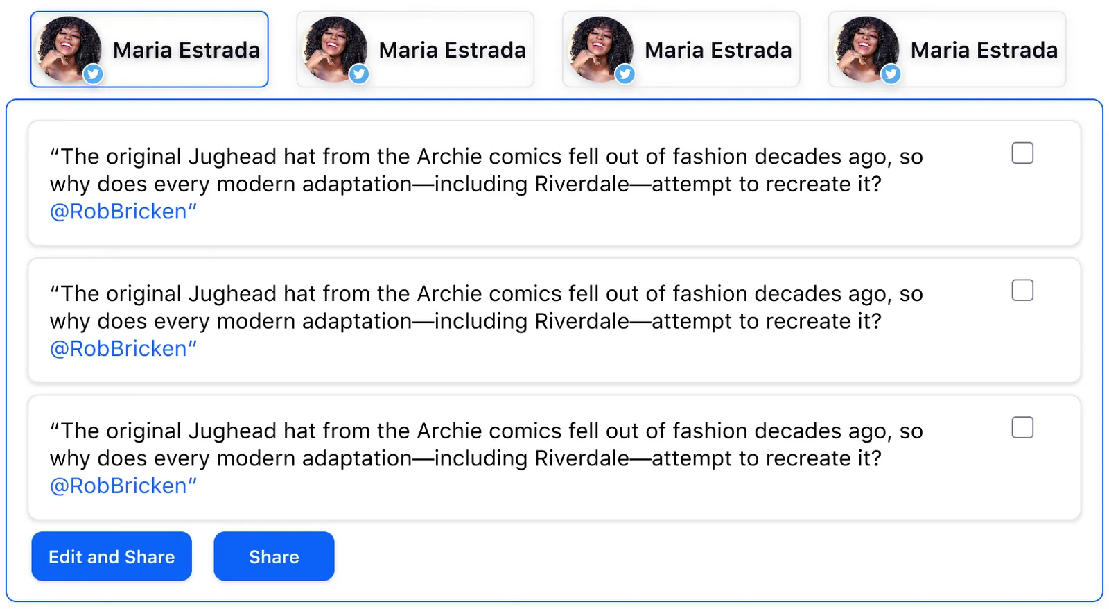 Iteration of the share modal — switching between channels via tabs