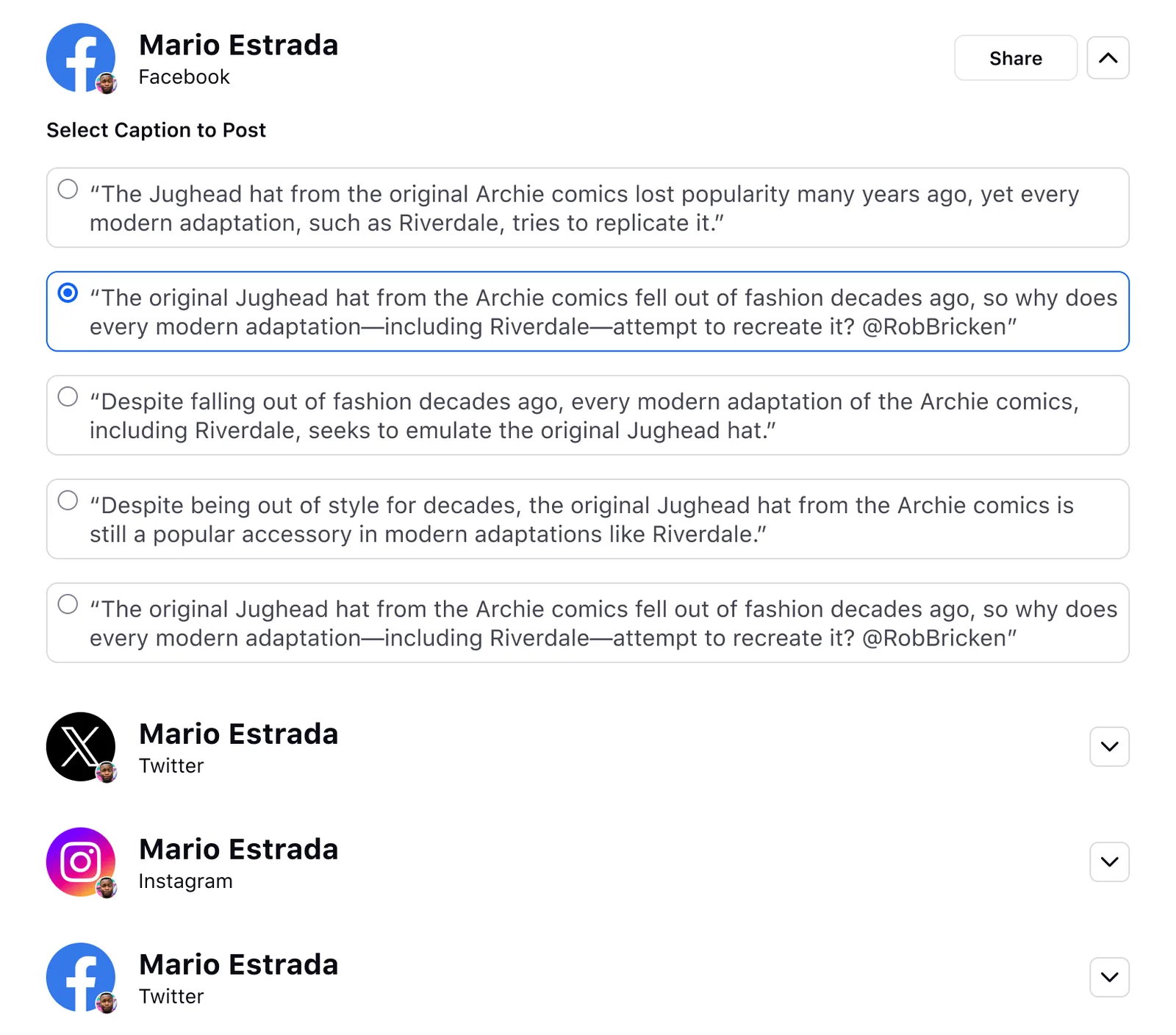 Iteration of the share modal — selecting a caption per channel