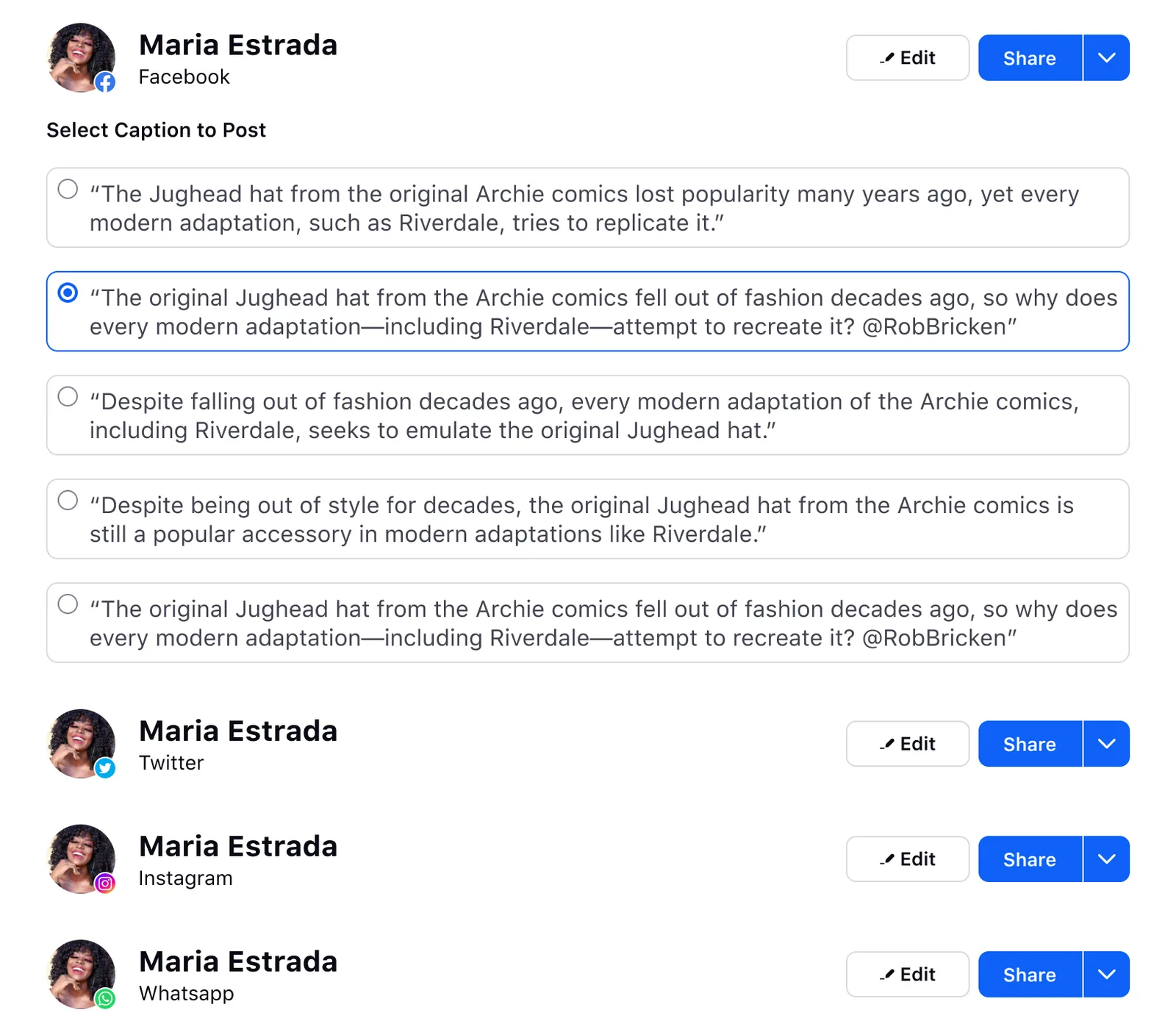 Iteration of the share modal — every caption option and channel surfaced at once