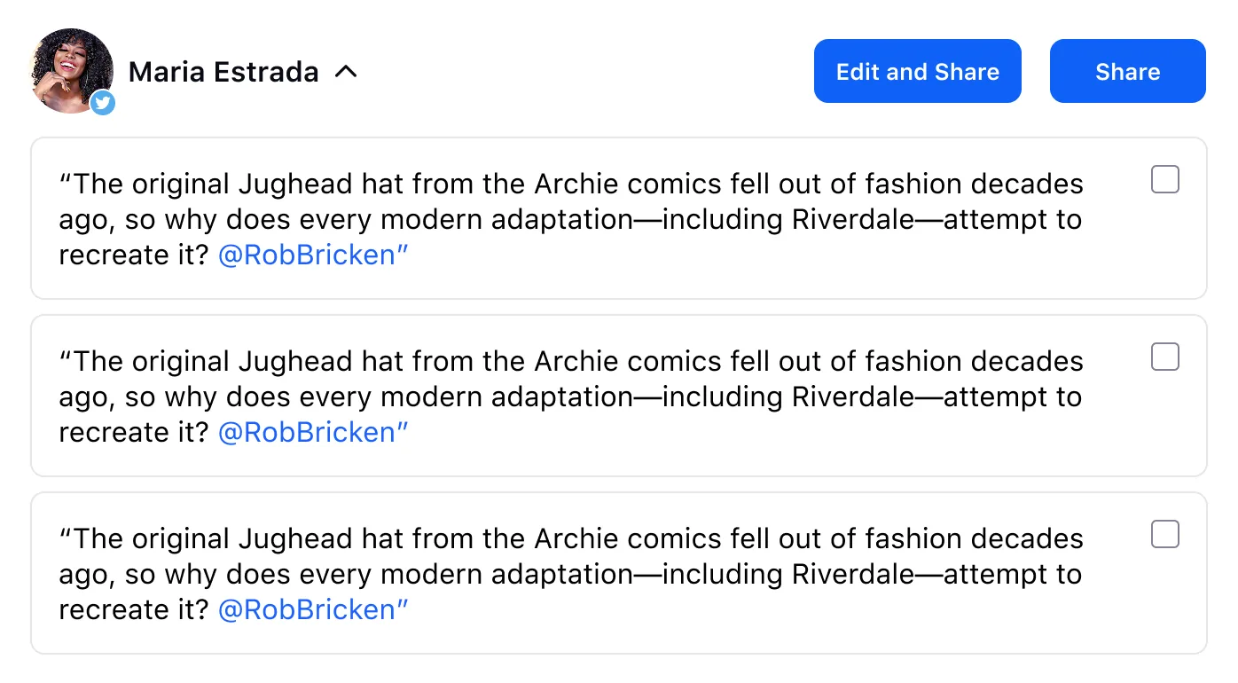 Iteration of the share modal — caption options as checkboxes with edit and share