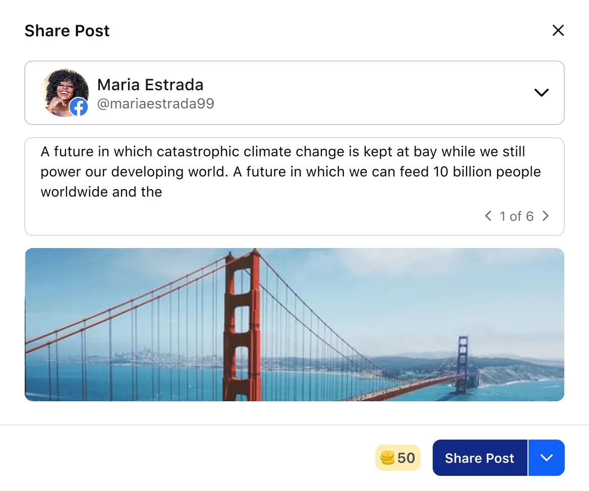 The final share modal — browse pre-defined captions and edit inline, with a coin reward