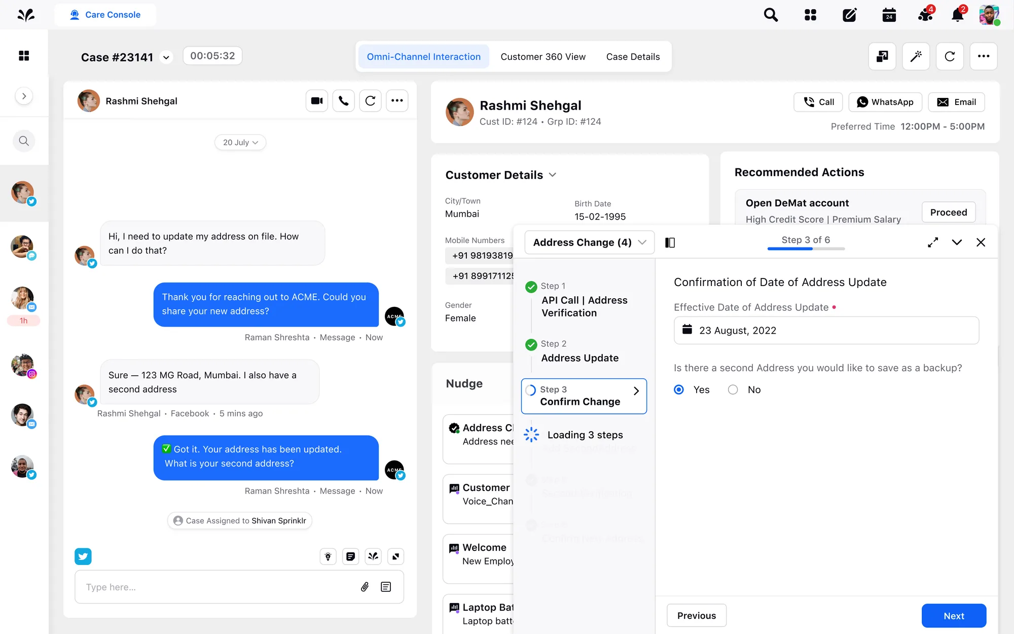 The Care Console: a live customer conversation on the left, with an AI guided workflow (Address Change, step 3 of 6) running inline, Recommended Actions the agent can confirm, and a step tracker.