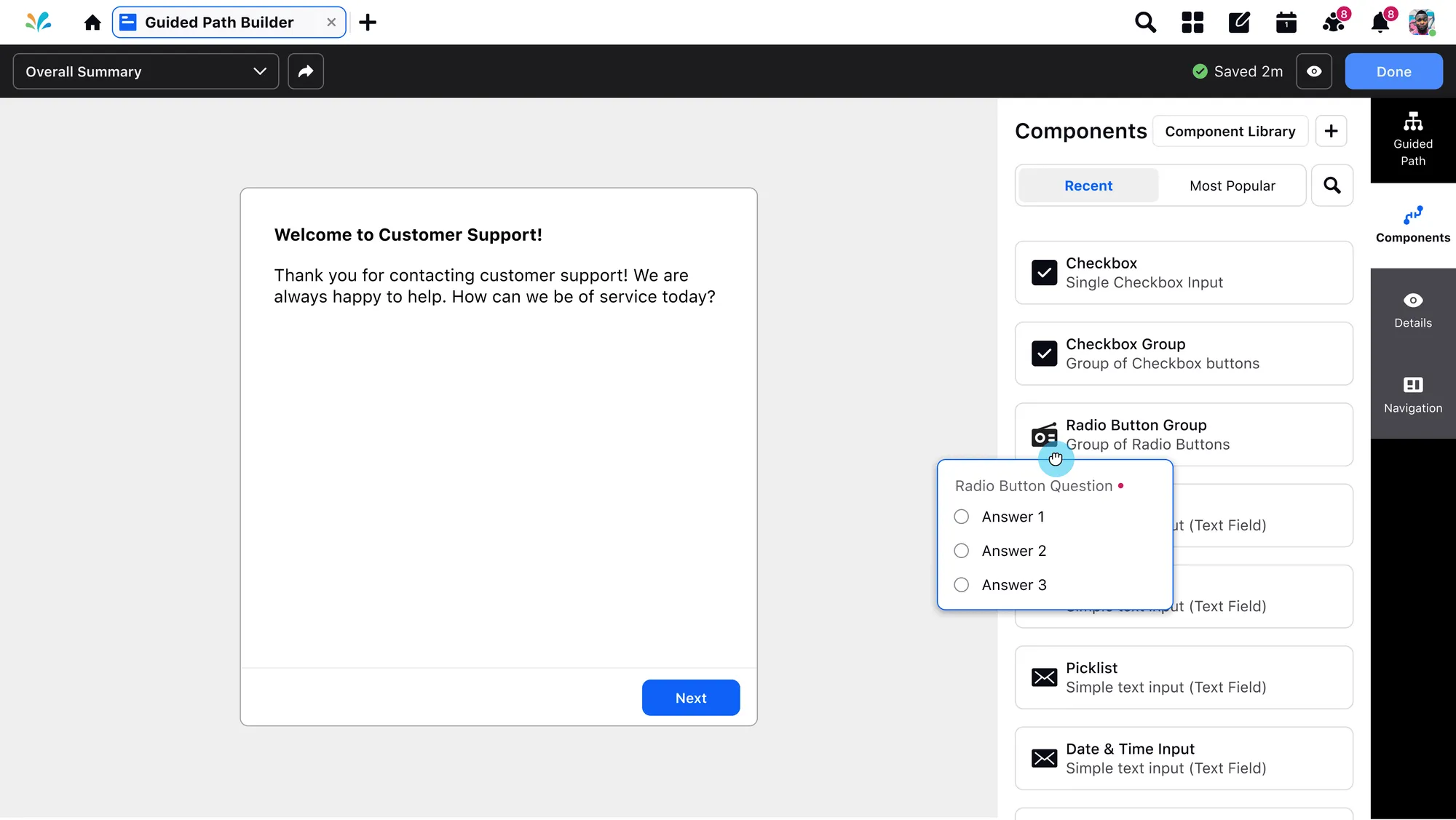 The no-code Guided Path Builder: a live preview canvas in the center, a drag-and-drop component library on the right, and a Done control to publish.