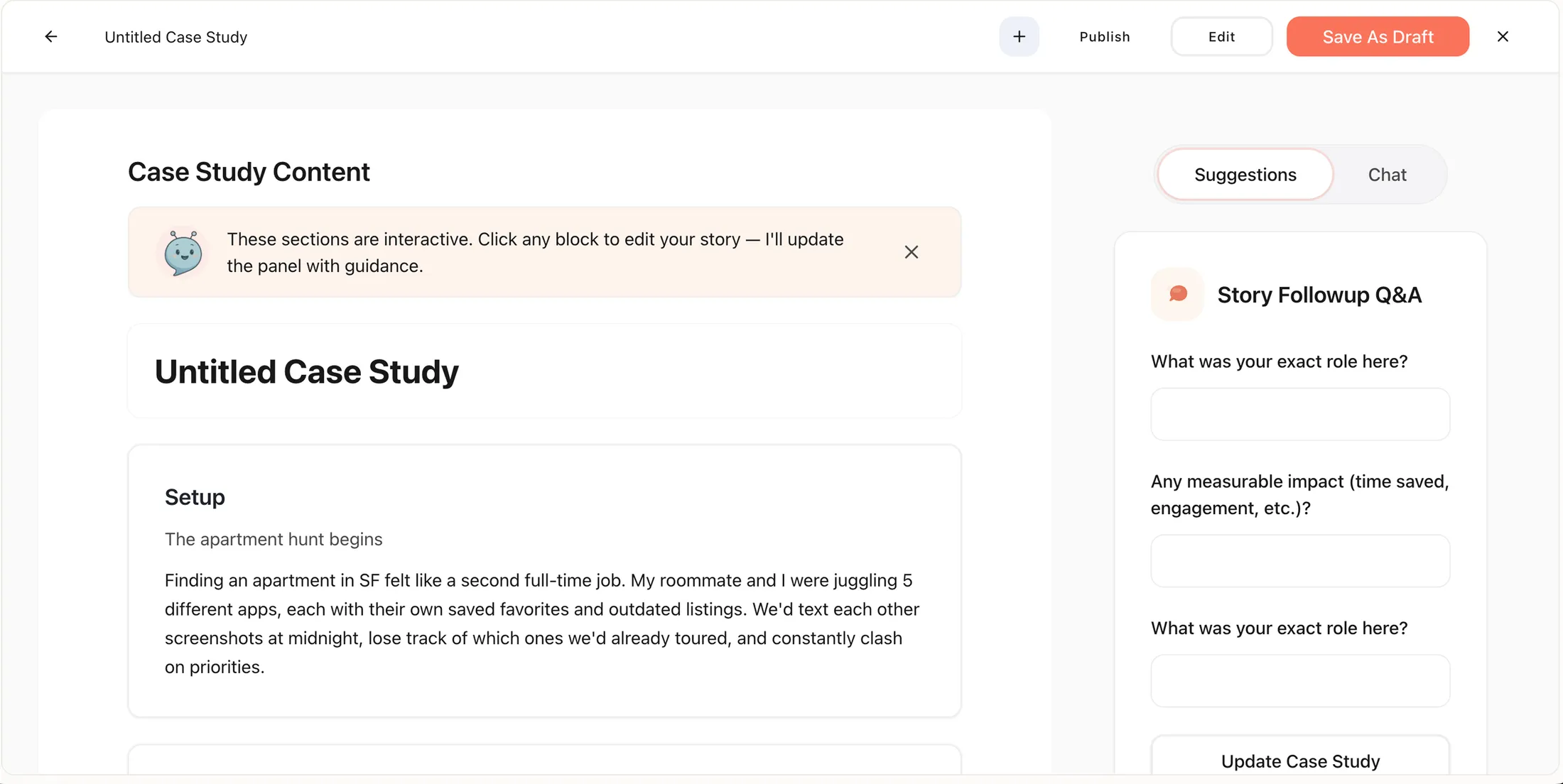 Fluxi case-study editor with an AI suggestions panel