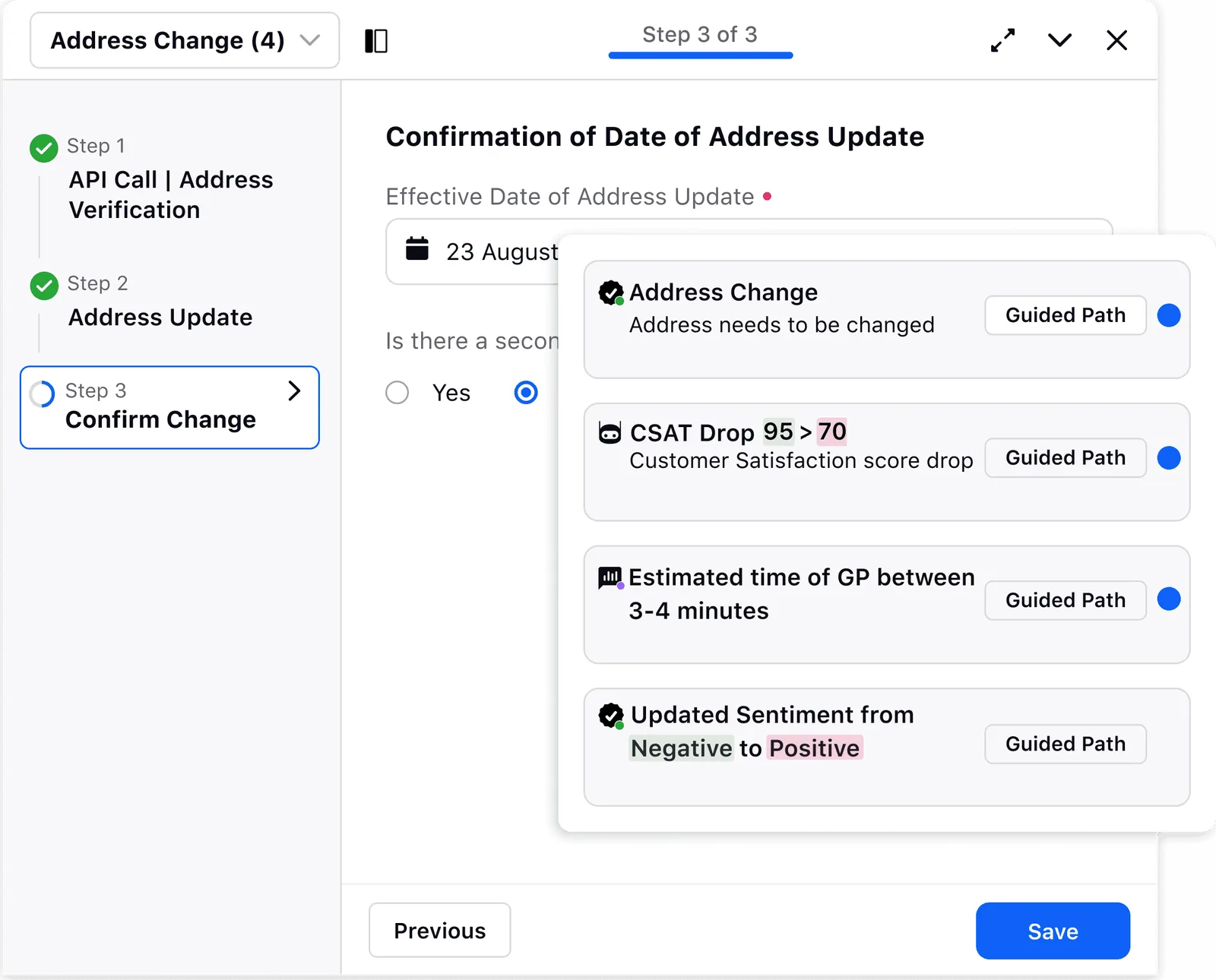 Sprinklr Agent Assist — a guided multi-step workflow panel for a live support agent